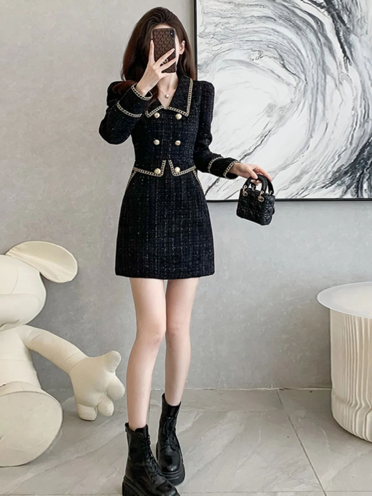 Vestido F E Estilo Hepburn Preto com Saia Godê de Cintura Alta em Tecido de Poliéster Manga Longa Curto para Ou...