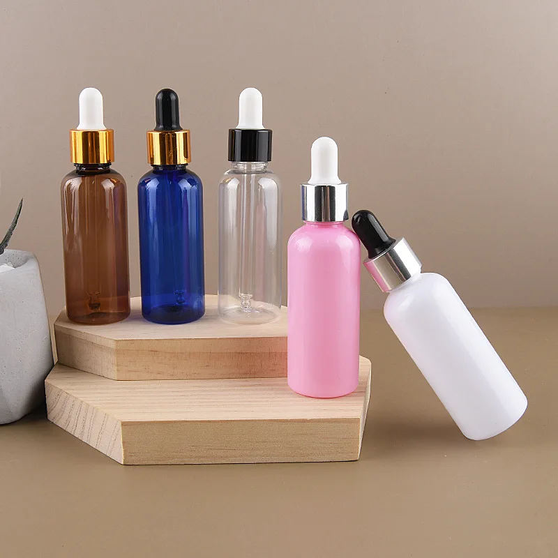 

100pcs 50ml 5Colors Empty Plastic PET Dropper Bottle For Essential Oil Electroplating Gold/Silver Rubber Cosmetic Container