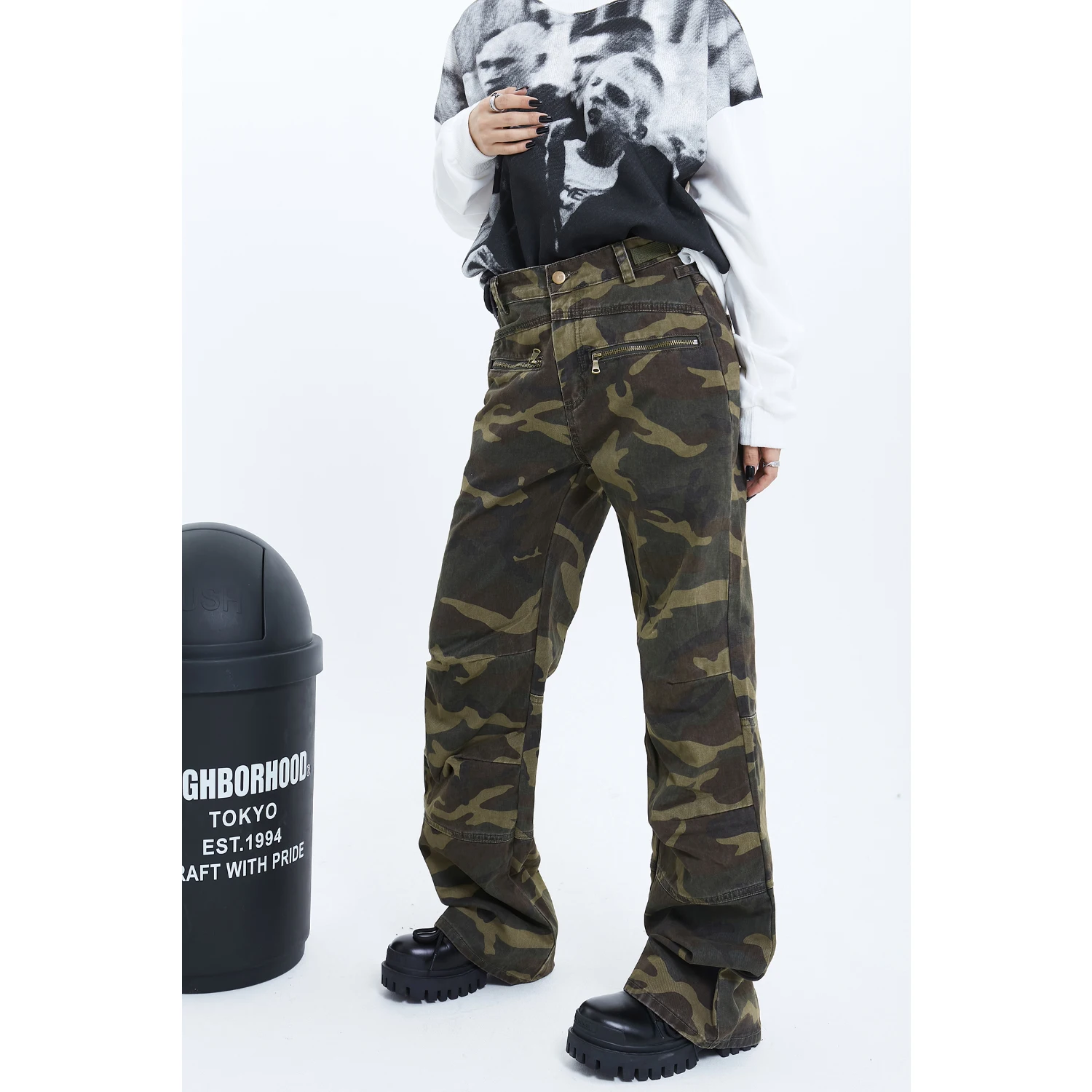 

MICHINNYON Original American Retro Waed Camouflage Straight Leg Workwear Pants Street Sle Casual Trousers for Women