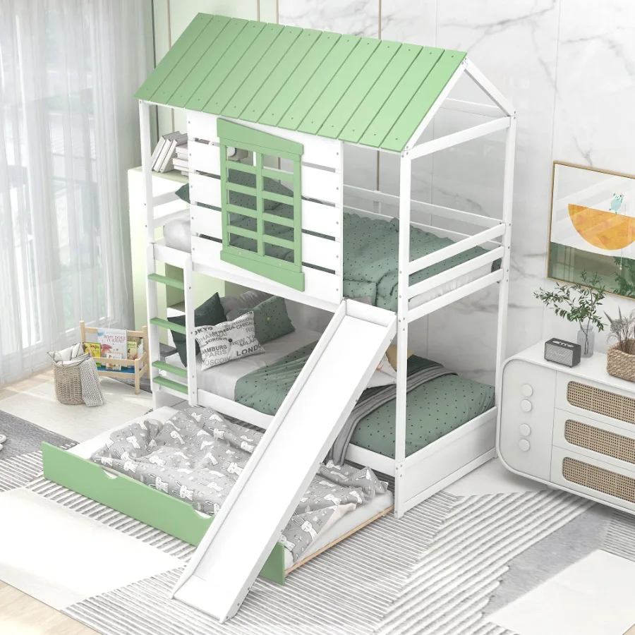 Twin over Twin Size House Bunk Bed with Convertible Slide and Trundle White+Green