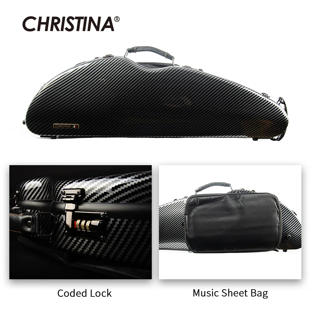 

CHRISTINA Violin Case Carbon Fiber NEW Style Black Stripes Widened Triangle 4/4 Size with Sheet Music Bag Code Lock (BV05BS)