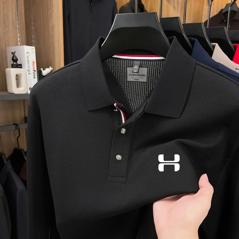 New Spring Autumn Fashion Men's Print Polo Shirt Containing Cotton Original Solid Color Long Sleeve T-Shirt Versatile Men's Wear