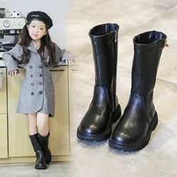 Bottes à plateforme en cuir PU pour filles, bottes longues pour enfants, chaussures d'hiver pour enfants, fermeture éclair au genou, beau, noir, peluche, carillon