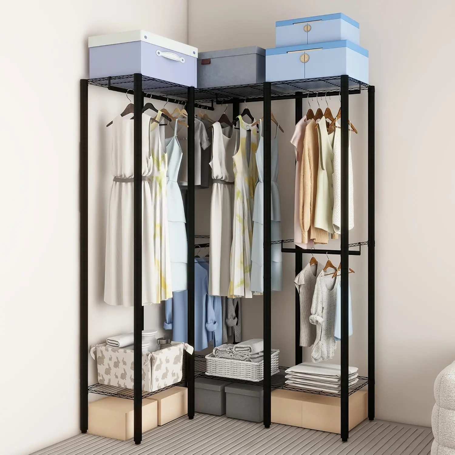 Heavy Duty Clothes Rack with Five Hanger Rods, Freestanding Metal Wardrobe Storage Rack with Adjustable 5 Tiers Wire Shelving