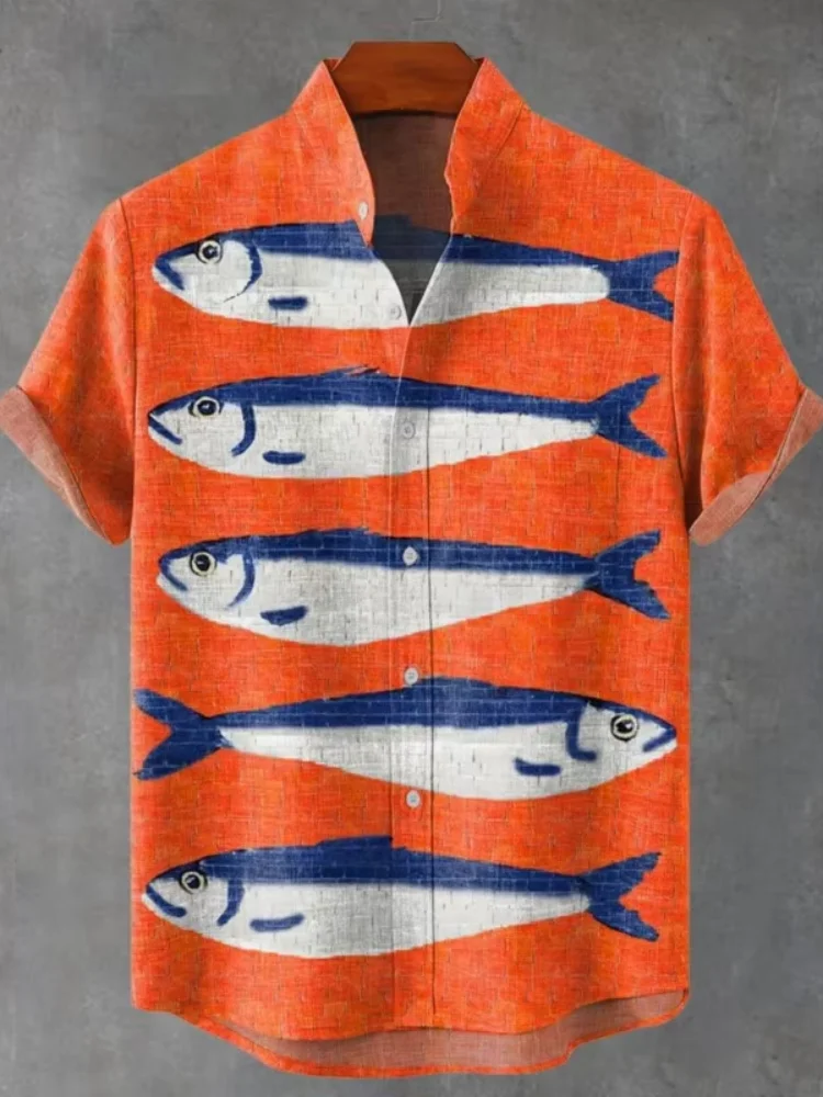 

Men's Summer Casual Art Fish Pattern Printed Linen Comfortable Short Sleeved Shirt Button Up Tops New Fishing Enthusiast Clothes