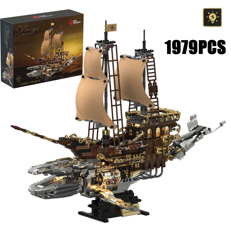 

1979PCS Creative Retro Steam Whale Ship Model Building Blocks With LED Light Construction Bricks Toy Gift For Children Kids