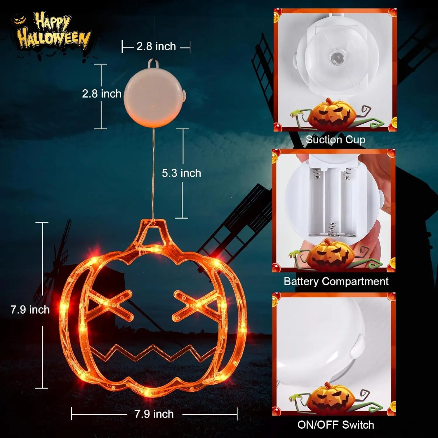 ハロウィン 3 ライト セット: カボチャ、クモ、魔女の帽子。 電池式、吸盤マウント、タイマー。 完璧な窓の装飾。