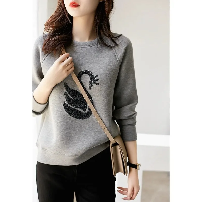 

Pullovers Loose Solid Patchwork Embroidery Round Neck Casual Temperament T-Shirts Autumn Winter Thin Women's Clothing P452