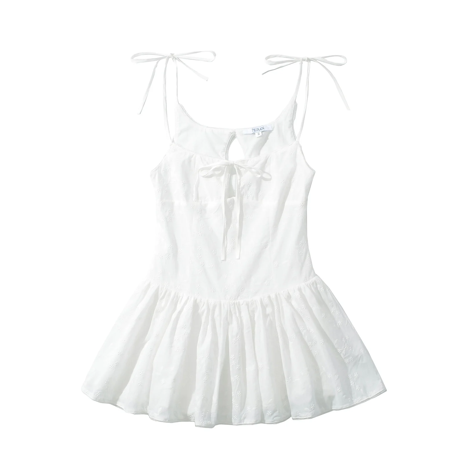 Sexy White Embroidery Flower Cotton Corset Style Bow Sling Dress Women Low Waist Ruched A-line Swing Mini Party Dresses Robe