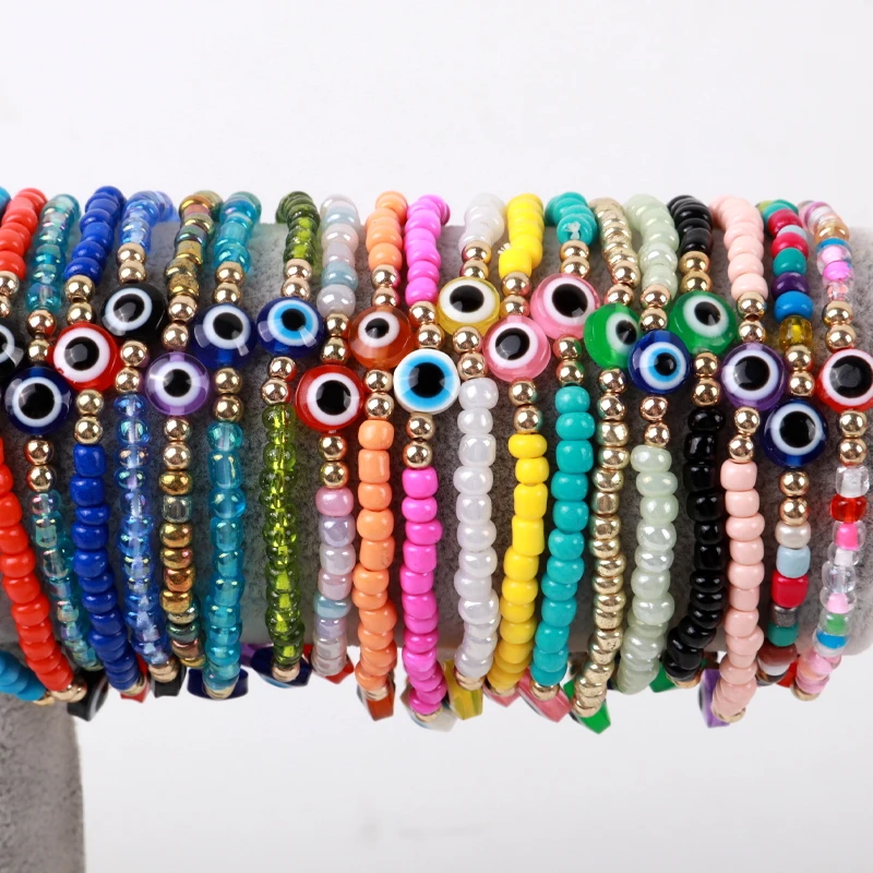 

Bohemian Turkey Evil Eye Charm Stackable Bracelets for Women Handmade Lucky Seed Beads Elastic Friendship Bracelet Jewelry Gifts