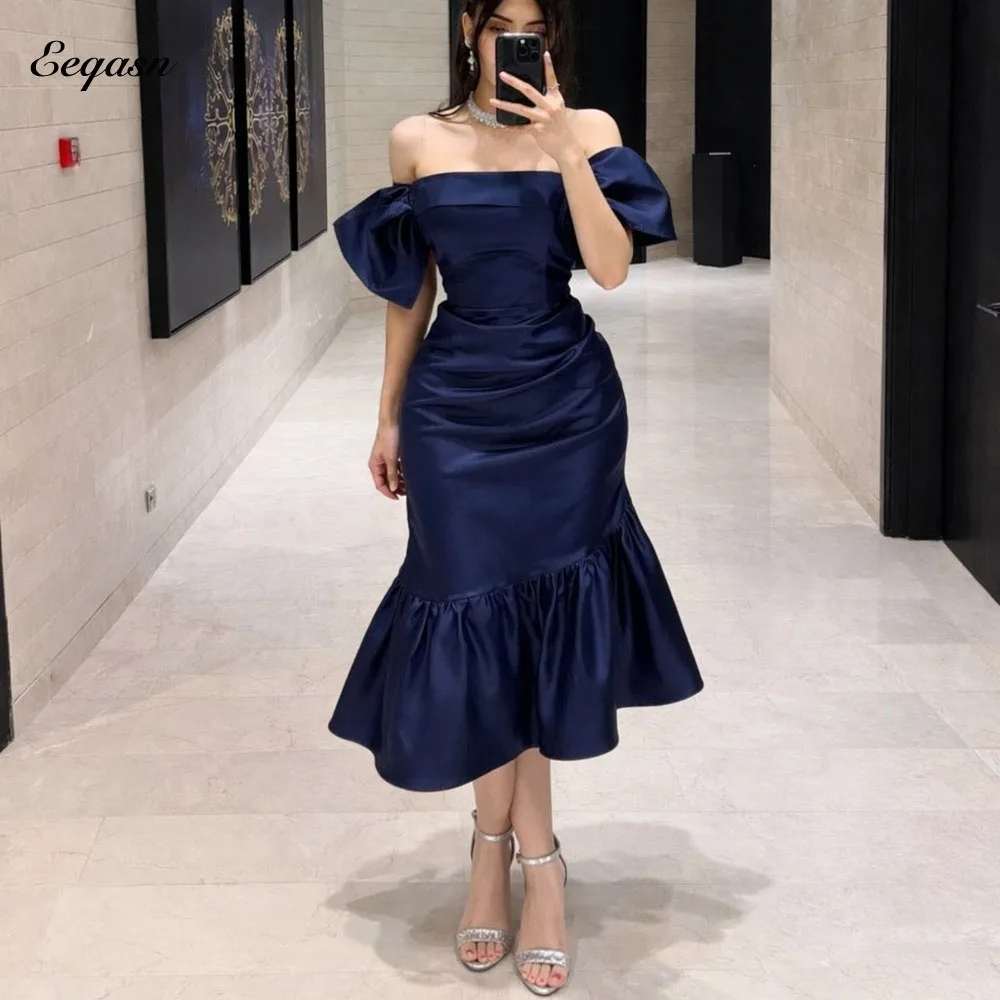 Eeqasn Customized Exquisite Navy Blue Midi Evening Dress 2026 High Quality Straight Satin Bespoke Occasion Dresses Formal