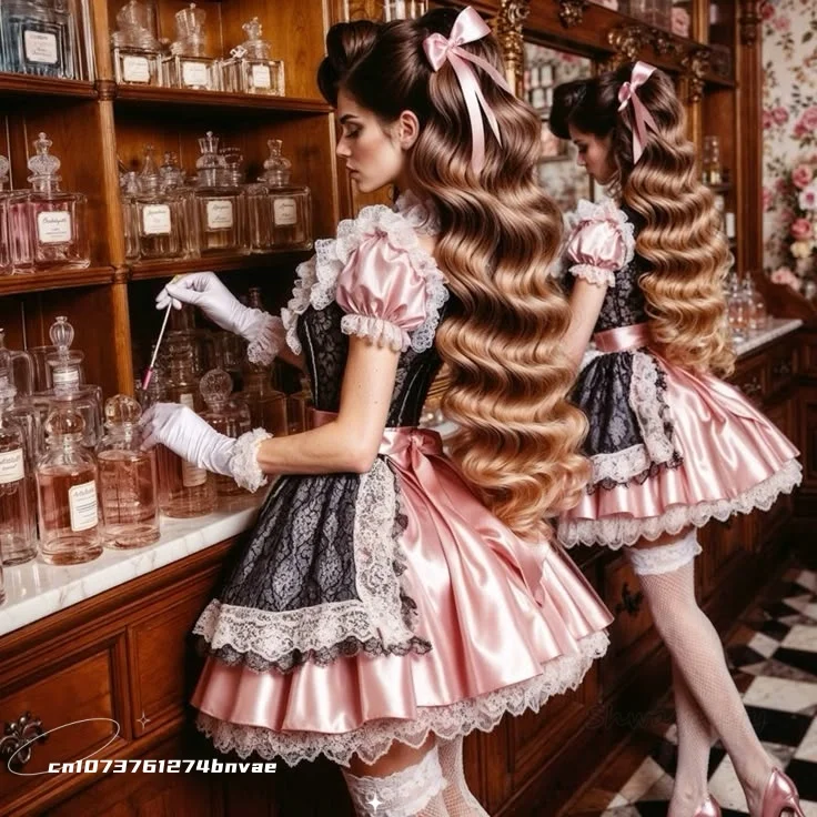 Abito da ballo per feste cosplay Lolita sopra il ginocchio corto abito da ballo rosa e nero abito da cameriera da cocktail maniche a sbuffo costume personalizzato