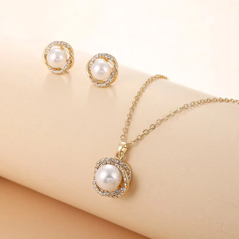 South Sea Shell Pearl Gold-Color Jewelry Sets for Women Cubic Zirconia Necklace Earrings With Party Birthday Wedding Gift