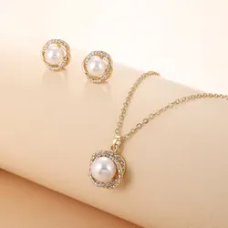 South Sea Shell Pearl Gold-Color Jewelry Sets for Women Cubic Zirconia Necklace Earrings With Party Birthday Wedding Gift