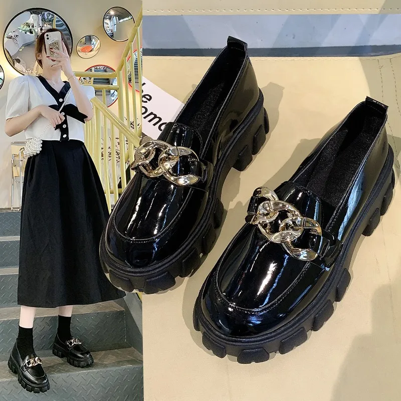 6CM Women Black Leather Shoes Fashion Metal Chain Oxford Shoes Slip On Boat Shoes Platform Loafers Tide