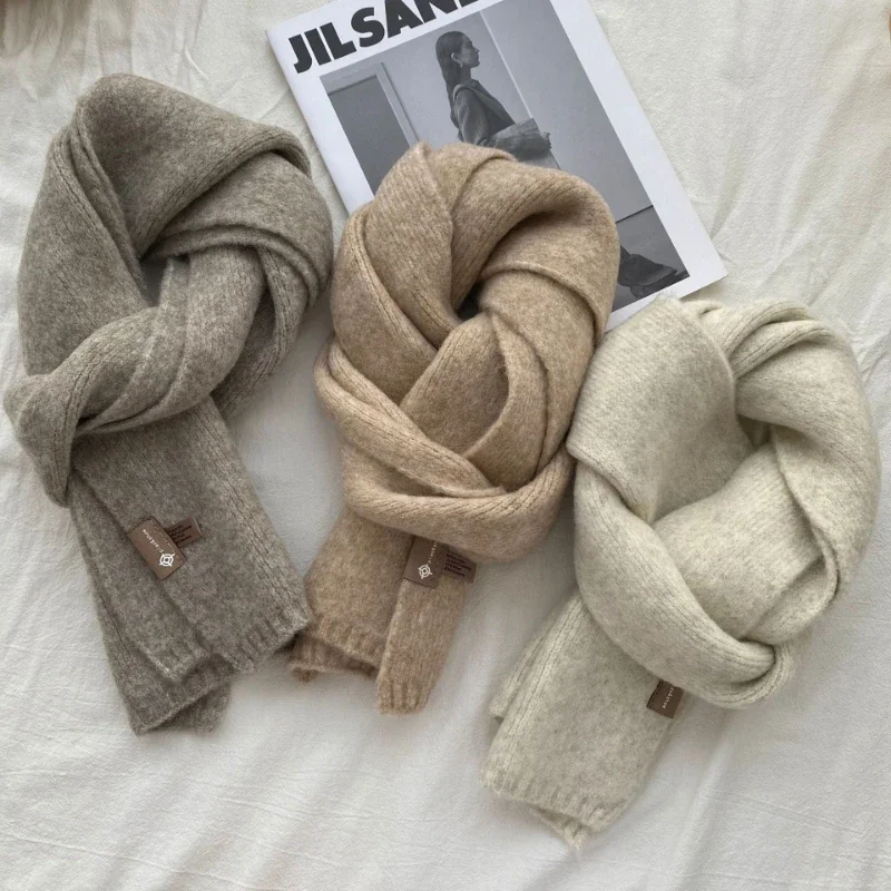 Chic Design Wool Small Scarf Women Men Wool Blend Knit Solid Color Couple Muffler Korean Thick Warm Versatile Shawl Female Male