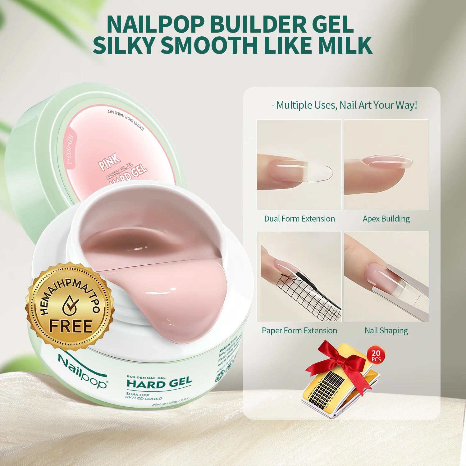 

Nailpop HEMA-FREE Builder Gel 30g for Nail Extension Milky Smooth Clear/Pink Long Lasting Quick Building Soak Off UV Nail Gel