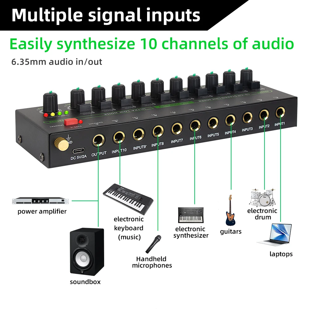 

10 Channels Audio Mixer Portable Ultra Low-Noise Line Mixer Stereo Mixer Mini Sound Mixer USB Powered for Studio Recording