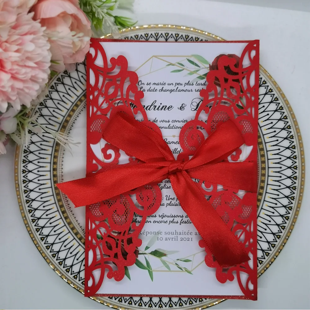 10pcs  Wedding Invitations Card With Envelopes Pocket Ribbon Marriage Baptism Quinceanera Birthday Party Supplies