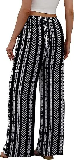 Striped Print Women Pants Summer and Autumn Solid High Waist Wide-Leg Trousers Female Loose Hemp Casual Breathable Sports Pants
