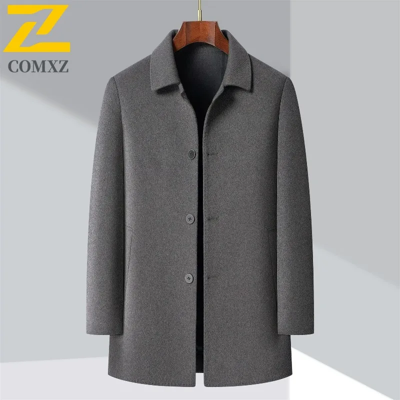 

2025 Winter Men Wool Blend Overcoat Mid Length Double Faced Thick Warm Coat Detachable Goose Down Inner Premium TrenchCoat​