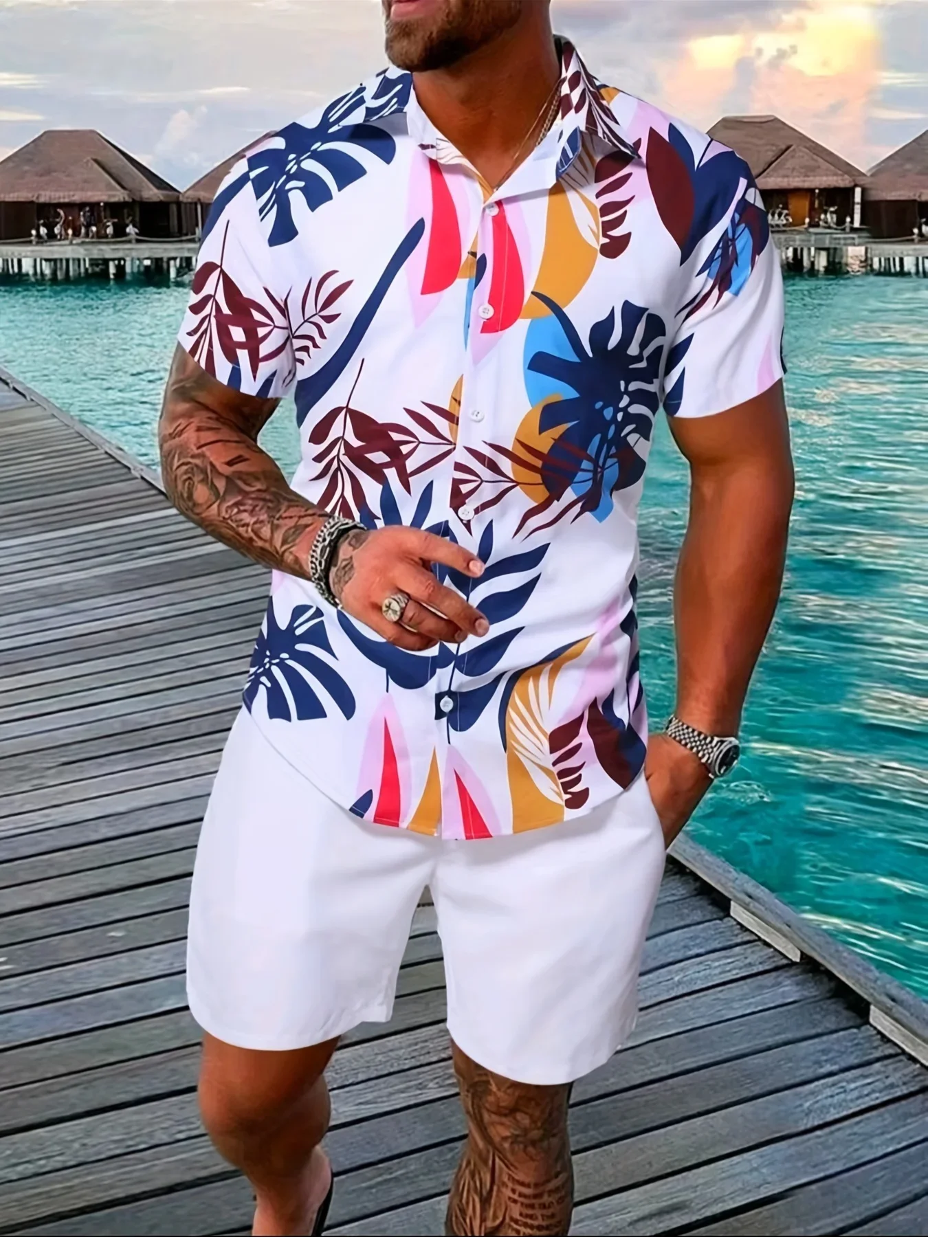 New Men's Spring and Fall Two-Piece Beach-Style Short-Sleeved Lapel Print T-Shirt Shorts Drawstring Casual Business Tracksuit