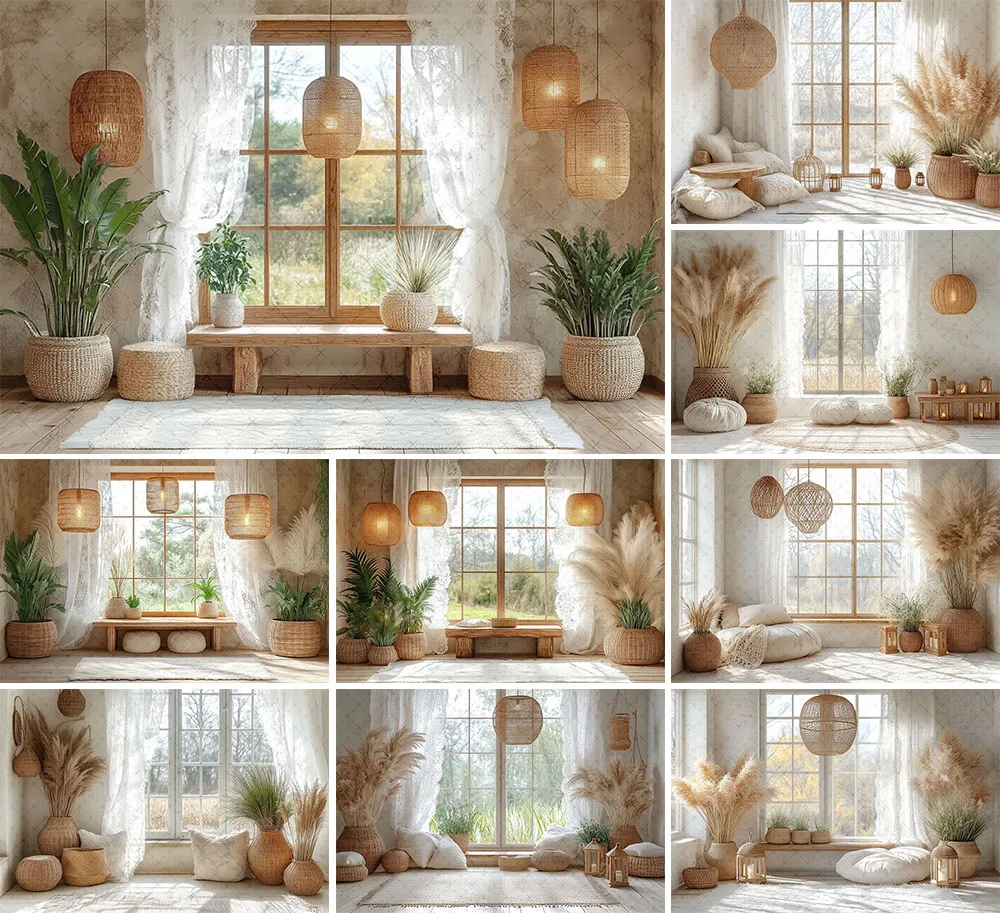 

Mehofond Photography Background Retro Boho Indoor Pampasgrass Window Kids Birthday Wedding Portrait Decor Backdrop Photo Studio