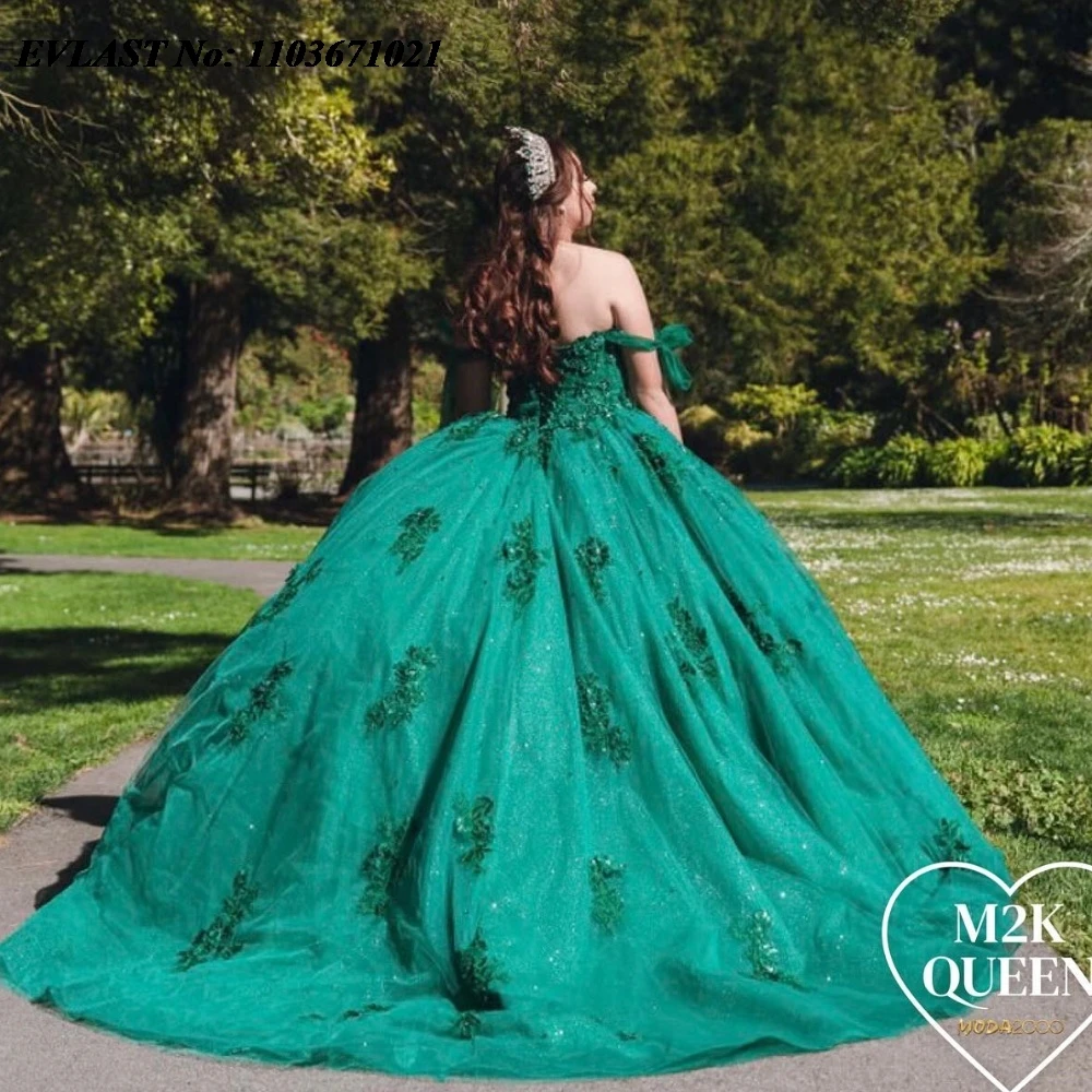 

EVLAST Mexican Dark Green Quinnceanera Dress Ball Gown Lace Applique Beaded Tie Straps Corset Sweet 16 Vestidos De 15 Anos SQ473