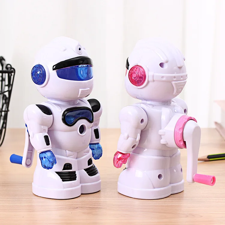 Sacapuntas de lápiz de Robot bonito de dibujos animados, Robot de simulación creativa, sacapuntas de manivela, suministros de papelería para estudiantes