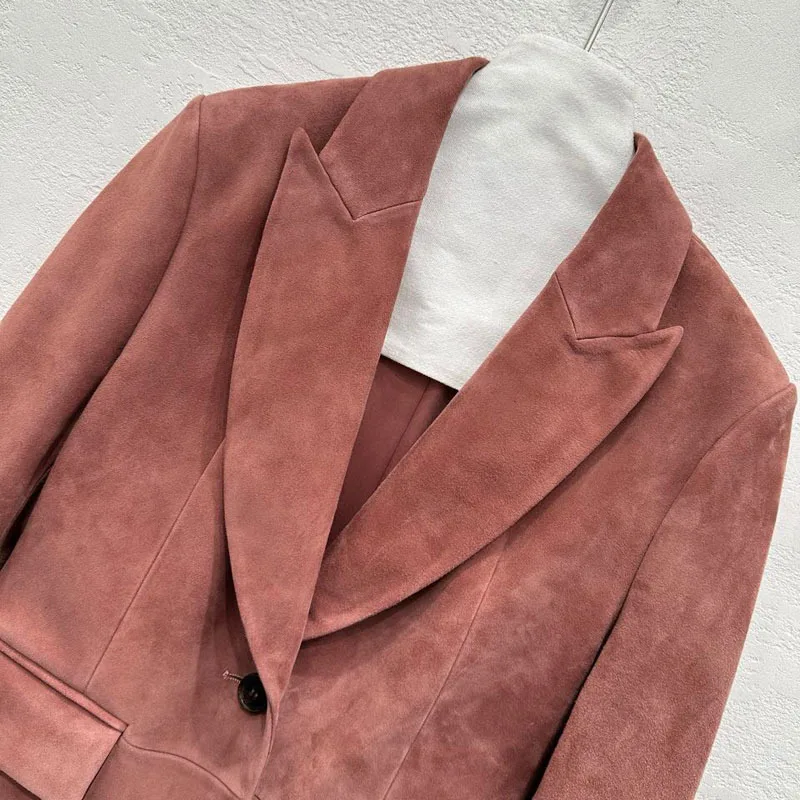 100% Echt Suède Lamsvacht Revers Colberts voor Vrouwen 2025 Nieuwe Mode Enkele Knop Roze Suede Kid Vrouwelijke Casual Blazer jassen