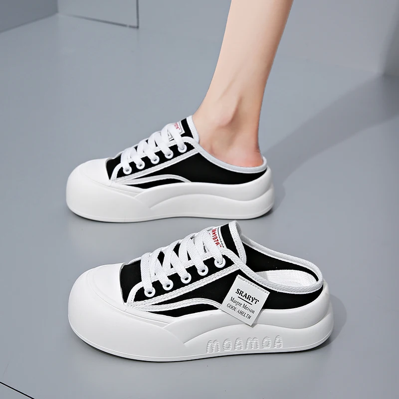 5cm Platform Canvas Height Increase Half Shoes For Women Mules Closed-toe Sandal Casual Elevator Board Shoes Thick Bottom Slides