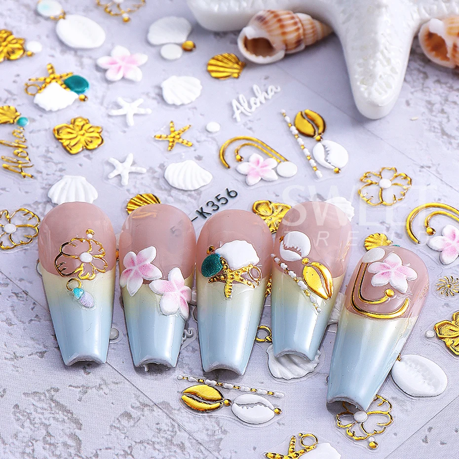 5D Oro bianco Animali dell'oceano Adesivi per unghie in rilievo Conchiglie di mare metalliche Conchiglia Stella marina Decalcomanie per unghie Decorazione Cursore per manicure fai da te