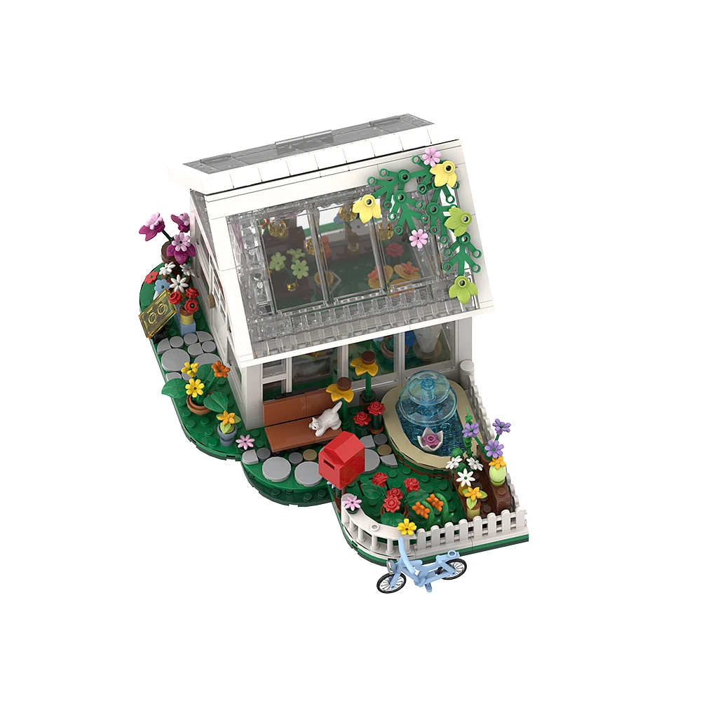 MOC Flower House Garden Building Set City Street Flower Shop Building Kits with Led Lights Flower Garden White Greenhouse Bricks