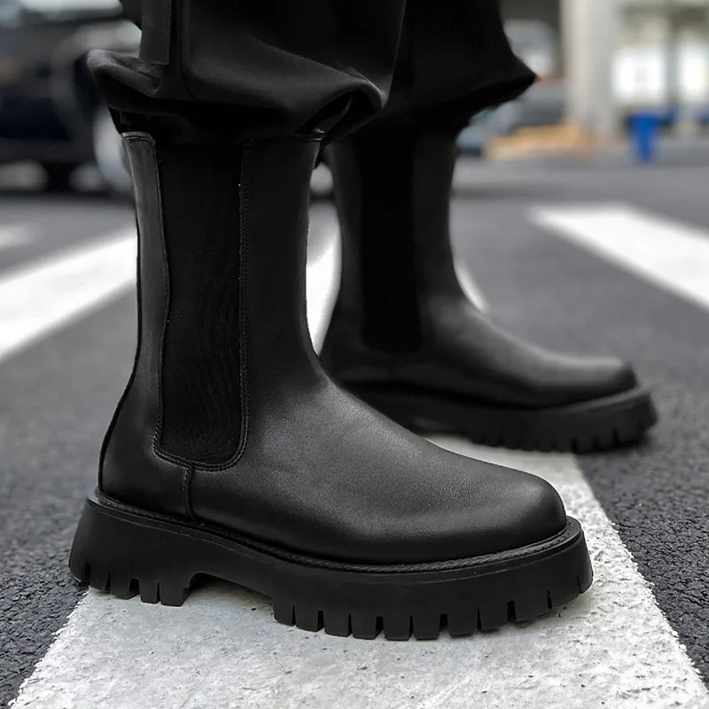 

men's fashion high motorcycle boots slip-on natural leather shoes cowboy platform boot autumn winter high chelsea botas hombre
