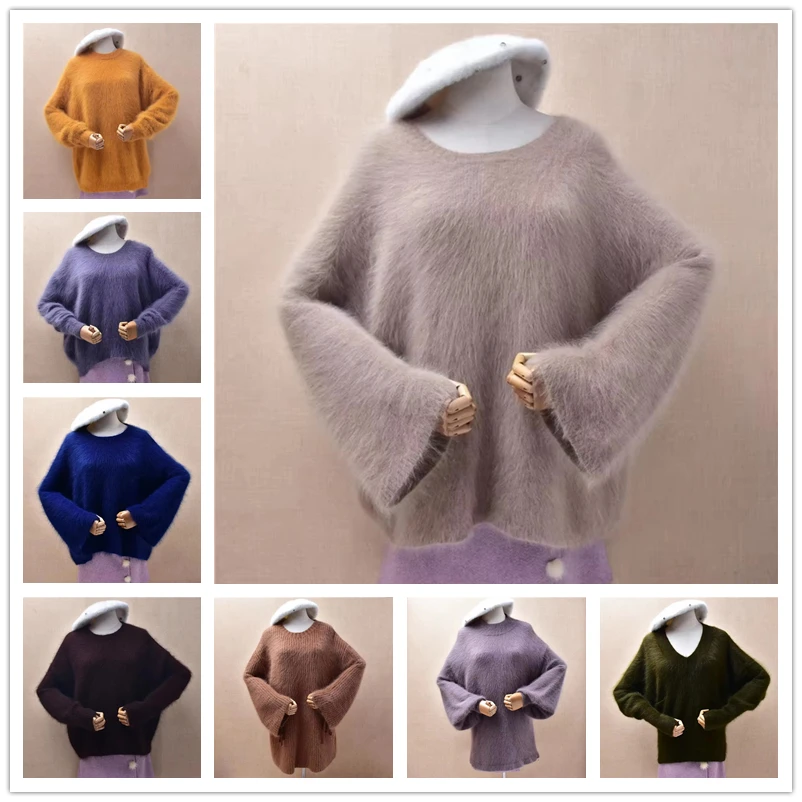 

Women Mujer Autumn Winter Hairy Angora Rabbit Hair Knitted O-Neck Long Sleeves Loose Pullover Mink Fur Sweater Jumper Pull Tops