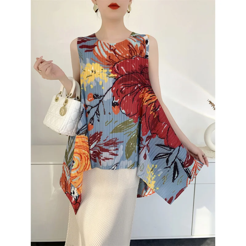 Miyake Women high-end pleated loose and large swing printed Chinese style T-shirt, slimming and versatile, niche design[S-1037F]