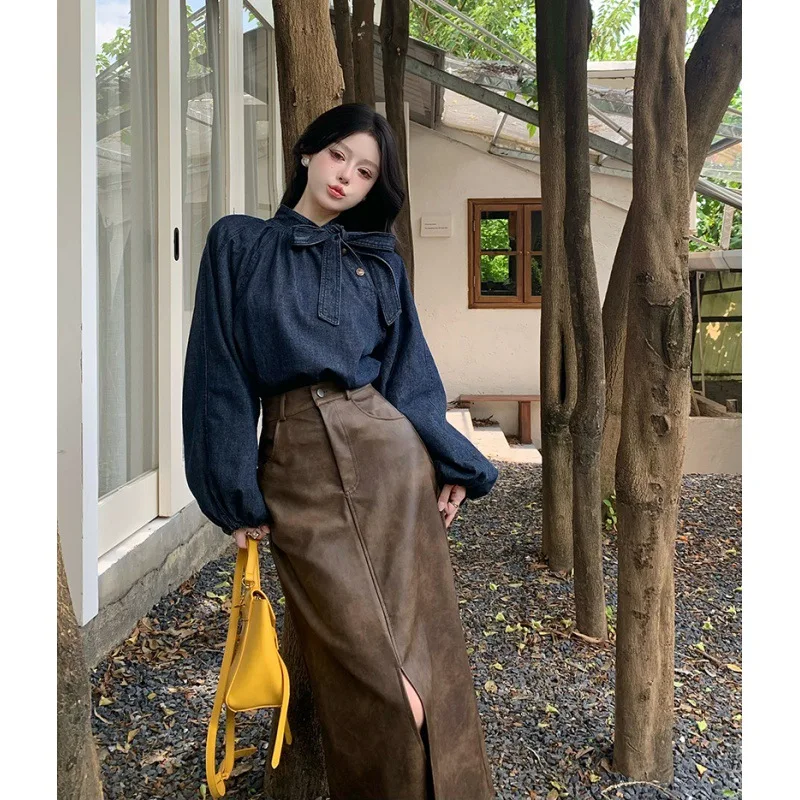 Elegant Women Denim Shirt Set Bow Turtleneck Lantern Sleeve Pullover Jean Blouse+High Waist Solid Split Brown Pu Skirt 2Pcs Suit