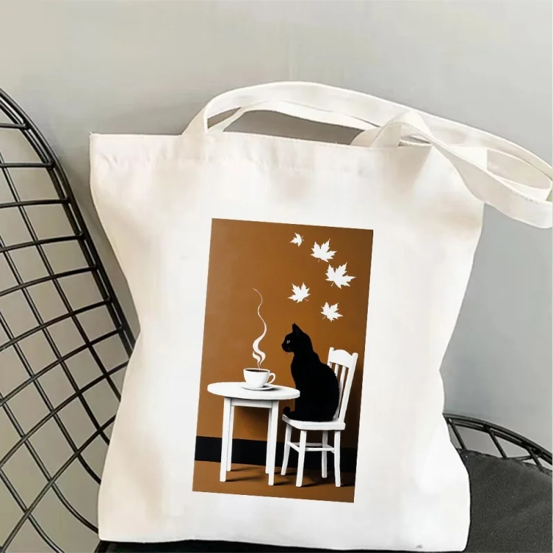 Black Cat Canvas Bag Tote Bag Shoulder Bag Handbag Coffee Maple Leaf Print Reusable Shopping Bag For Women Gift