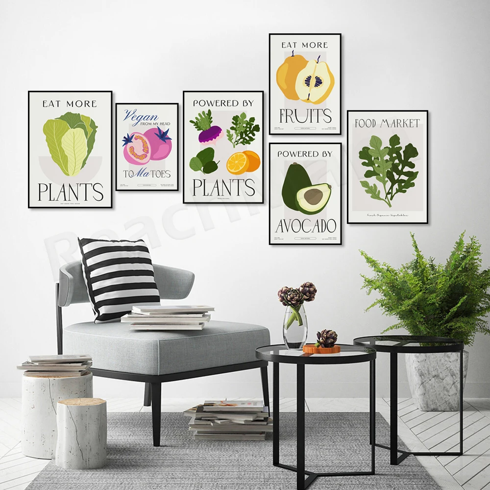 Organic food poster, eat more fruit, arugula salad, avocado, tomato pun, banana, pineapple, vegan gift, neutral kitchen decor