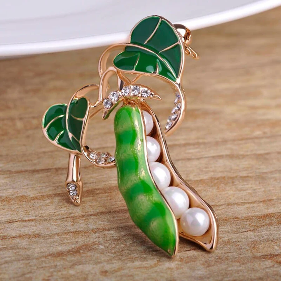 Enamel Green Pea Brooches For Women Gold-color Crystal Simulated Pearls Corsages Men Kids Sweater Suit Accessories Pins