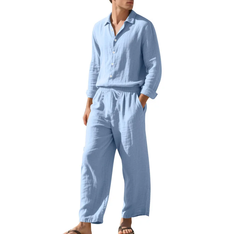 

Spring,Summer autumn New Men's Casual Long-Sleeved Set, Solid Shirt and Pants - Comfortable and Fashionable Two-Piece Set