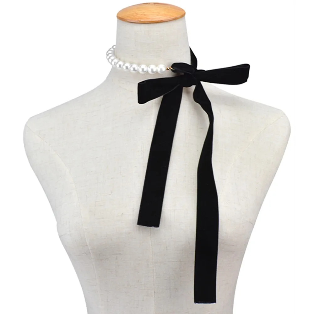 Punk lange breite schwarze Samtband Choker Fliege simuliert-Perle Perlen Charm Kragen Halskette Gothic Schmuck Neujahr Geschenke – Detail 11