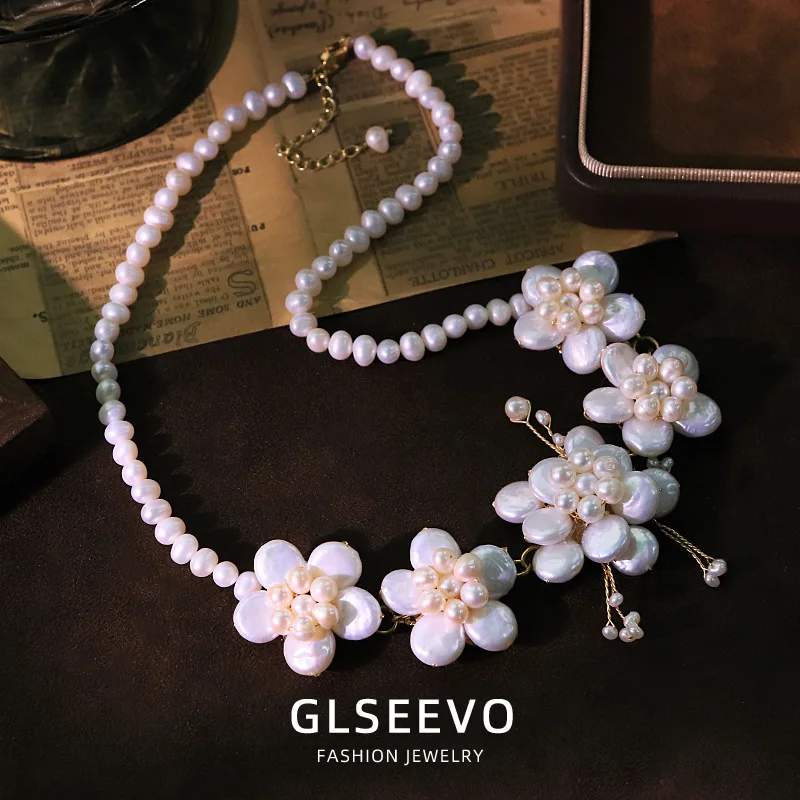 Natural Pearl Necklace Women, Featuring An Exaggerated Floral Design, A Clavicle Chain, And An Instagram-Worthy Accessory