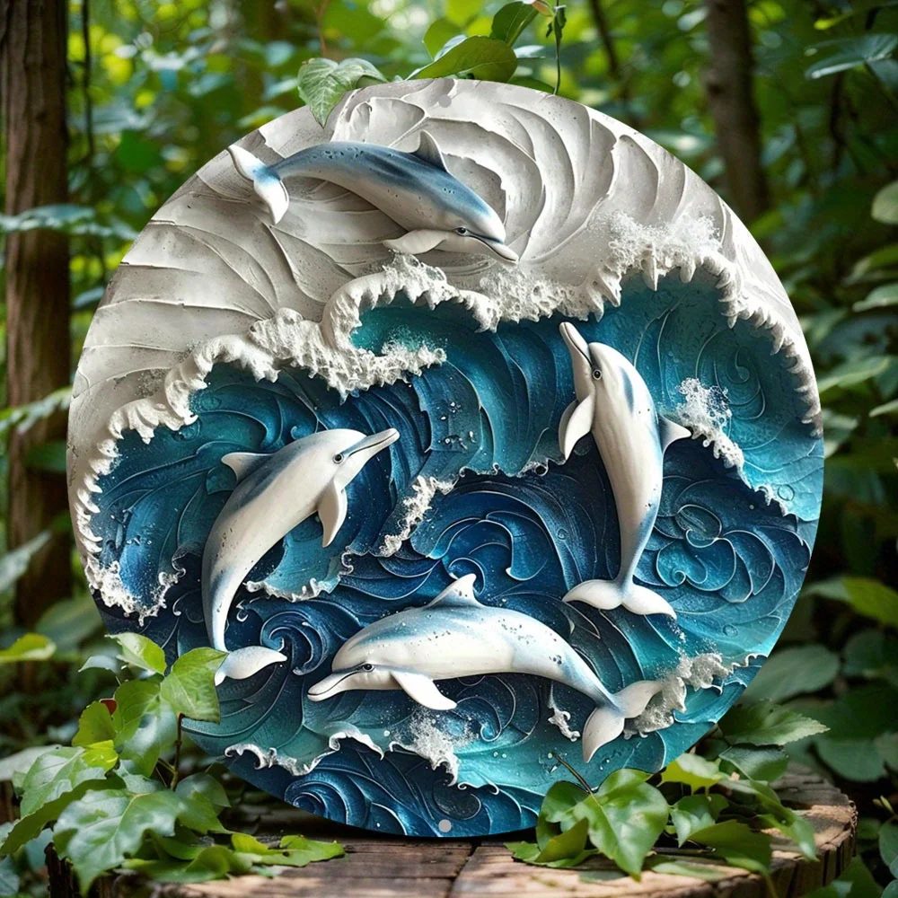 

Dolphin-Themed Round Aluminum Metal Decor Sign - Vibrant 2D Flat Print Wreath Design for Home, Cafe, Apartment, Wall Decoration