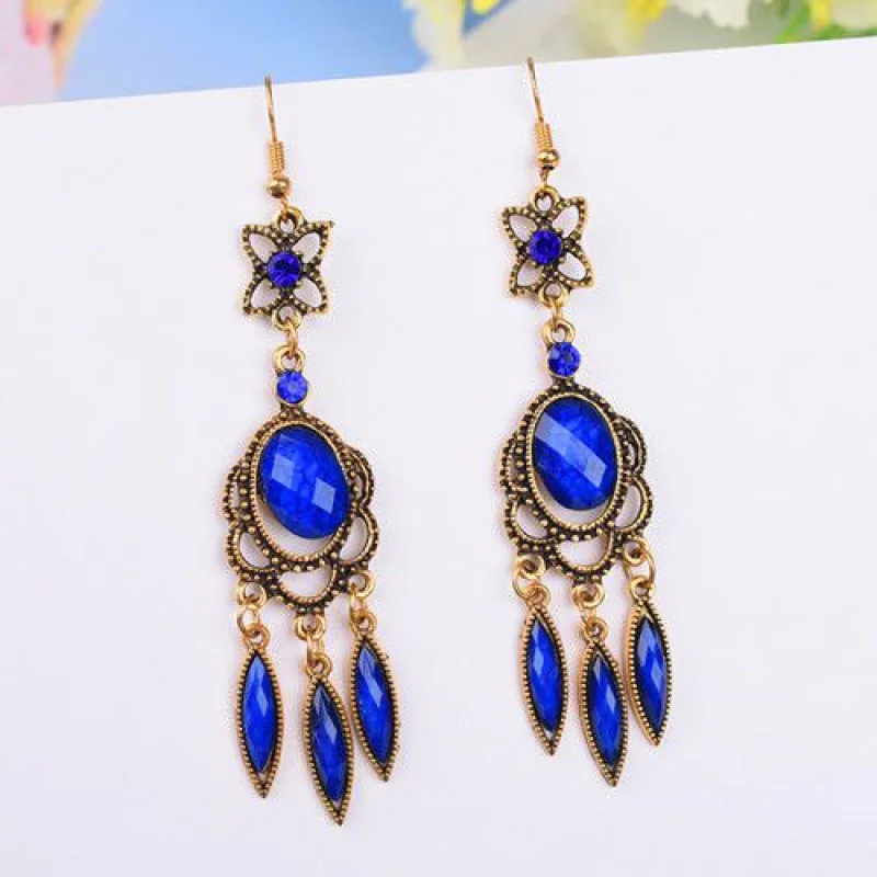 Royal Blue Ethnic Vintage Dangle Earrings for Women Elegance Tassel Water Drop Design Earring Wedding Festival Jewelry