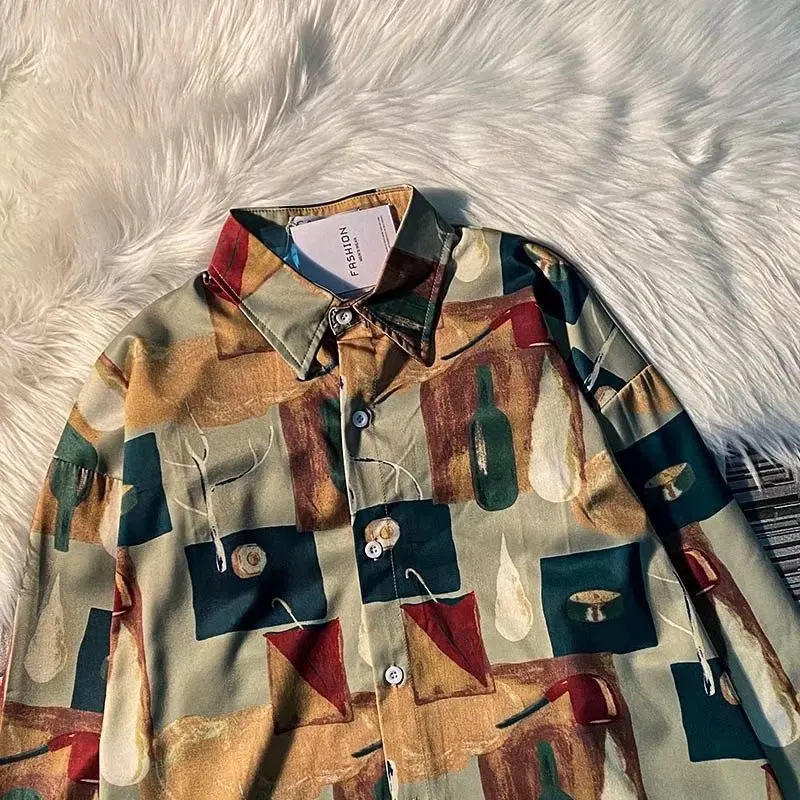 

Ретро-рубашка в гонконгском стиле, свободного кроя, с длинным рукавом, винтажный дизайн, принт с рисунком маслом, отложной воротник, молодежная мода