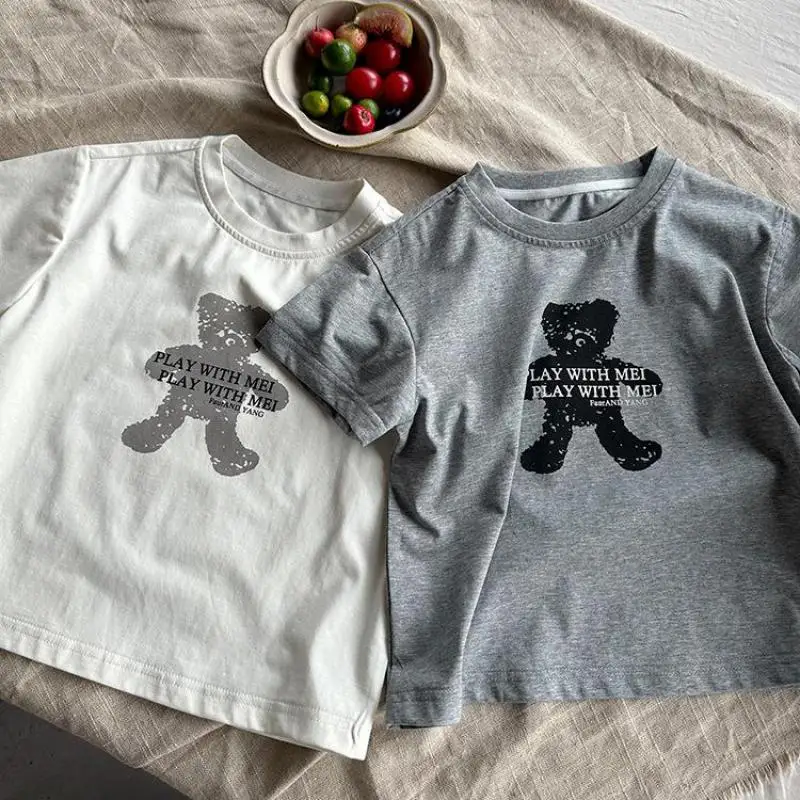 

2025 Summer New Children Short Sleeve T Shirts Cotton Kids Girls Cartoon Bear Print Tops Toddler Boys Versatile Casual Tees