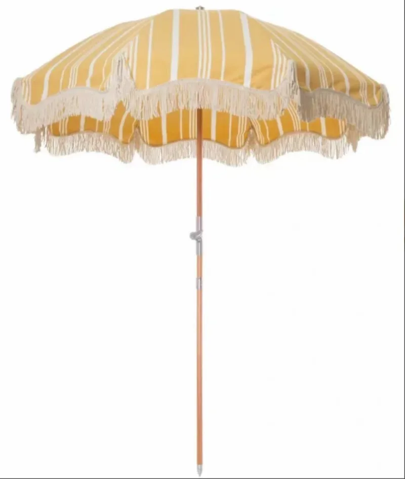 180cm 200cm Big Size Custom Red White Stripe Cotton Canvas Colorful Fringe Beach Umbrella with Black Tassels