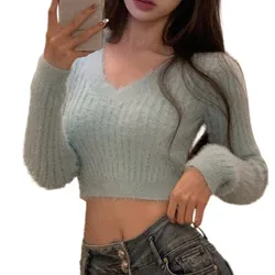 Womens Sexy Crew Neck Cropped Sweaters Imitation Mink Velvet Long Sleeve Crop Tops Pullover