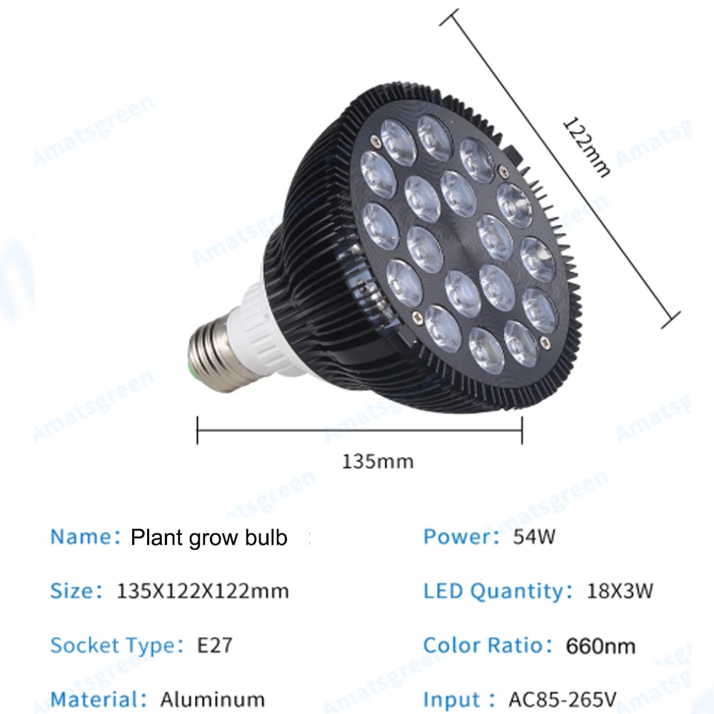 Deep Red 660nm 54W LED Grow Light Bulb for Indoor Plants Flowering Blooming stage